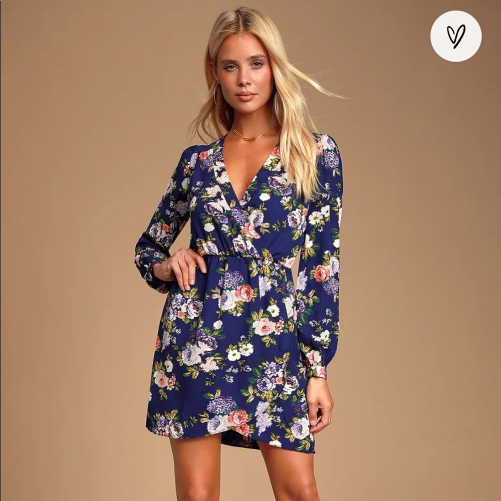 Lulu’s That's a Wrap Navy Blue Floral Print Dress - Medium
